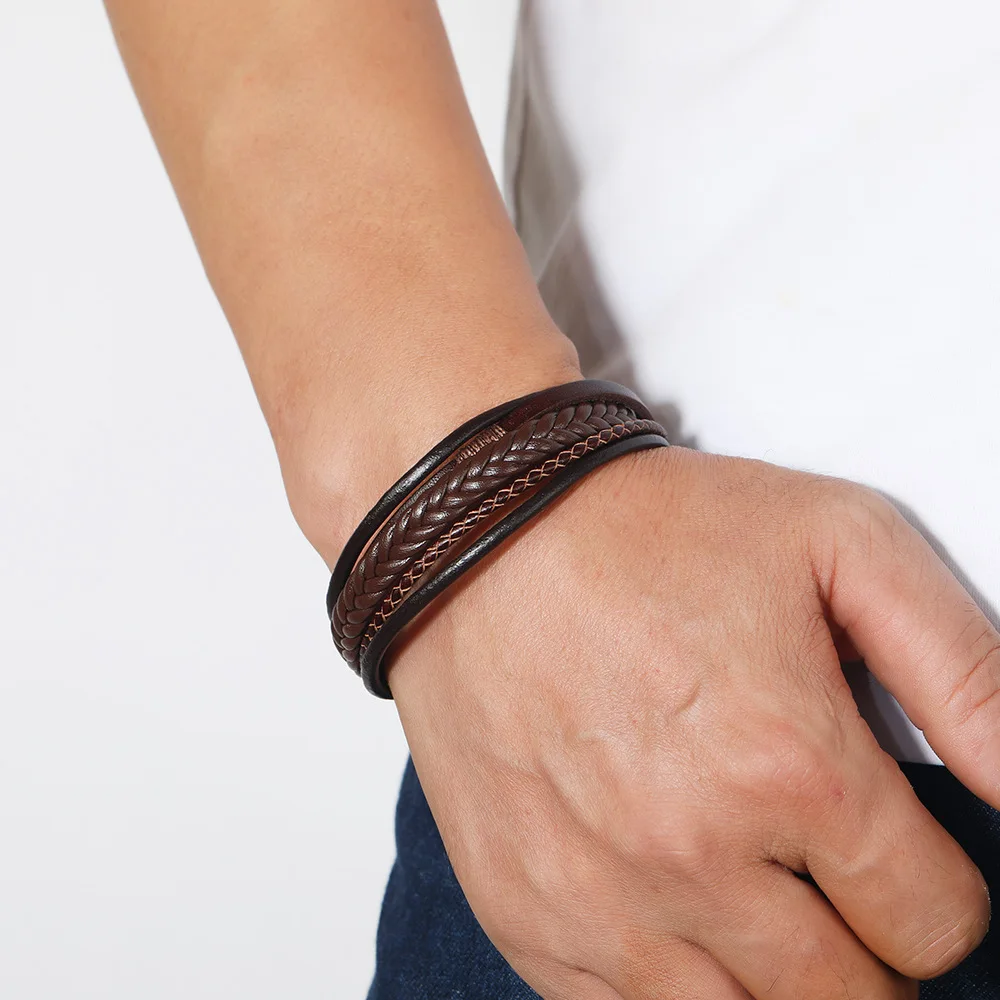 Wholesale Black Stainless Steel Magnetic  Handmade Genuine Wrap Bulk Titanium Woven Braided Multilayer Leather Bracelet for Men