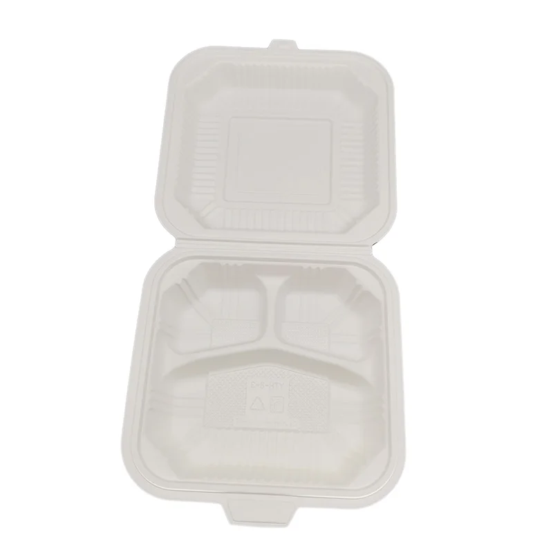 Custom 8 inch 3 Compartment  Takeaway Hinged Clamshell Food Container Cornstarch  Bio-Based  Biodegradable Clamshell Packaging