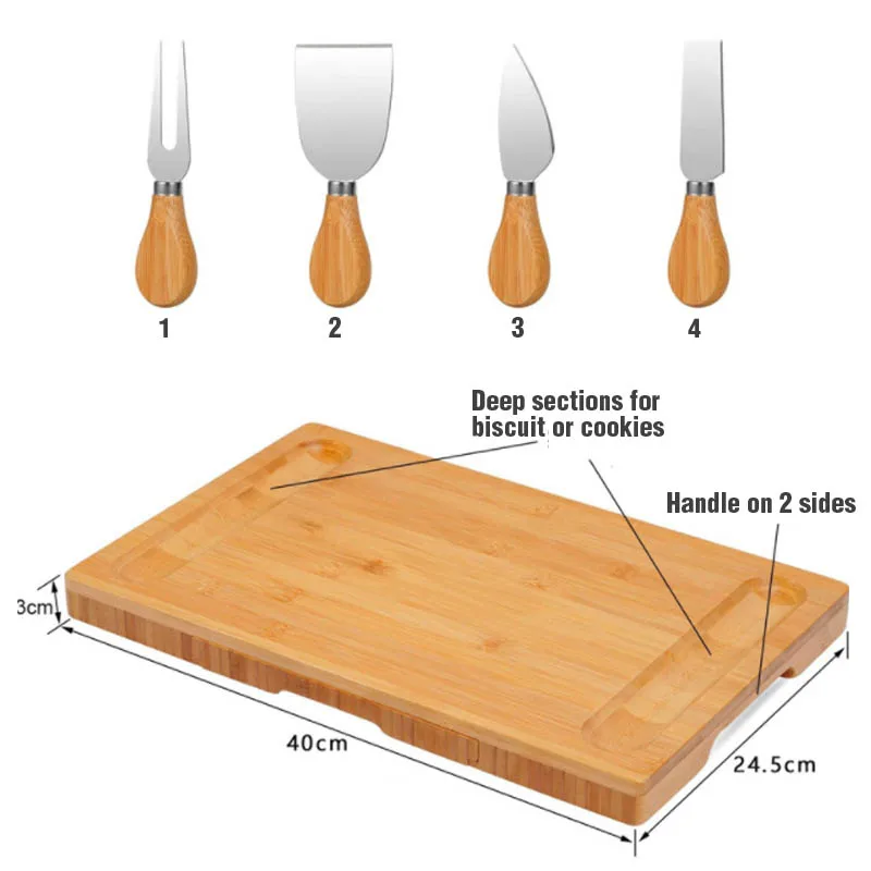 Bamboo Cheese Cutting Board Food Serving Tray Set Rectangle Shape Slide Draw Stainless Steel Cheese Knives Bamboo Snack Tray Set