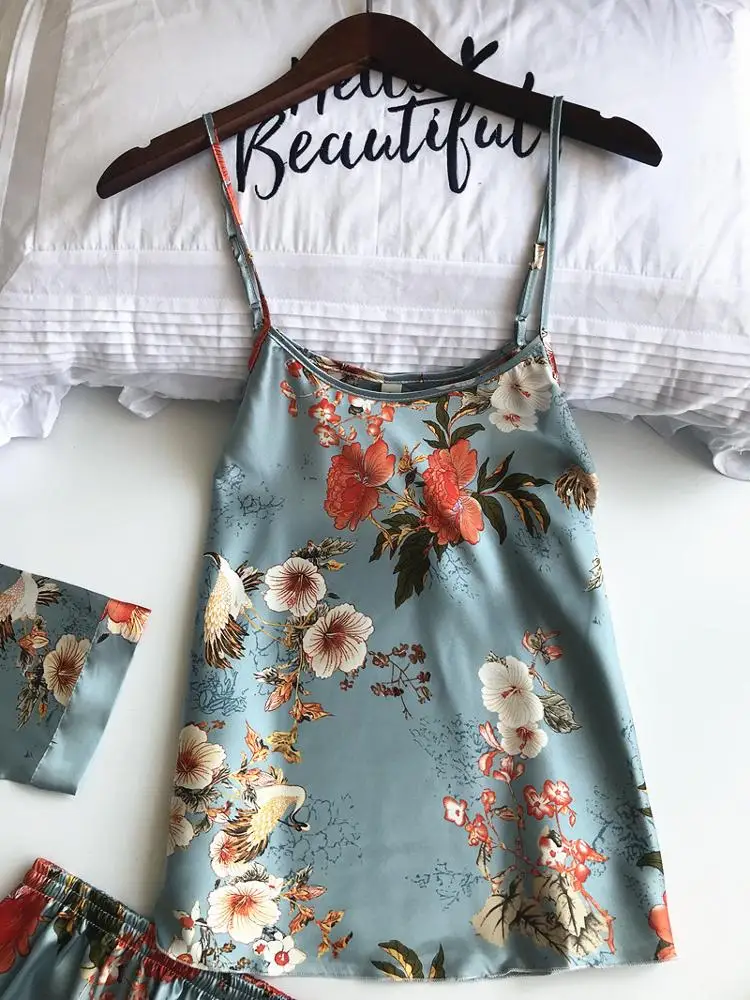 Custom 3 Pcs Printing Women Robe Sets Spaghetti Strap Cardigan Pant Set Sexy Fashion Female High Quality Pajamas