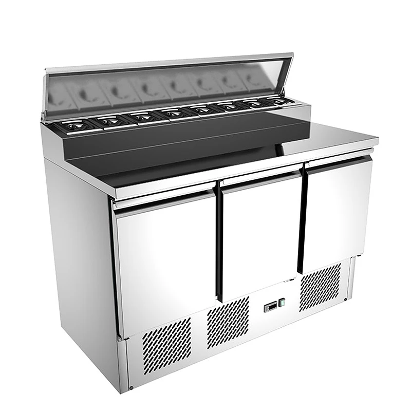 Commercial hot selling three-door salad table preparation workbench pizza making freezer refrigerated storage cooler