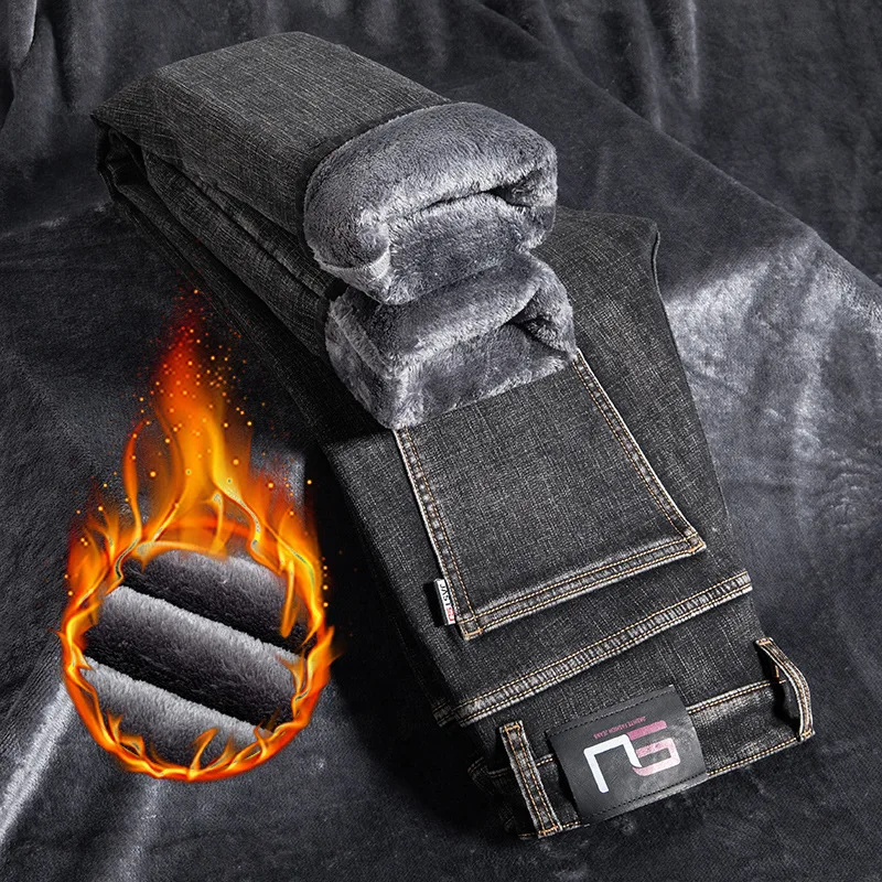 Wholesale High Quality Casual Stretch Straight Winter Thick Fleece Jeans for Men
