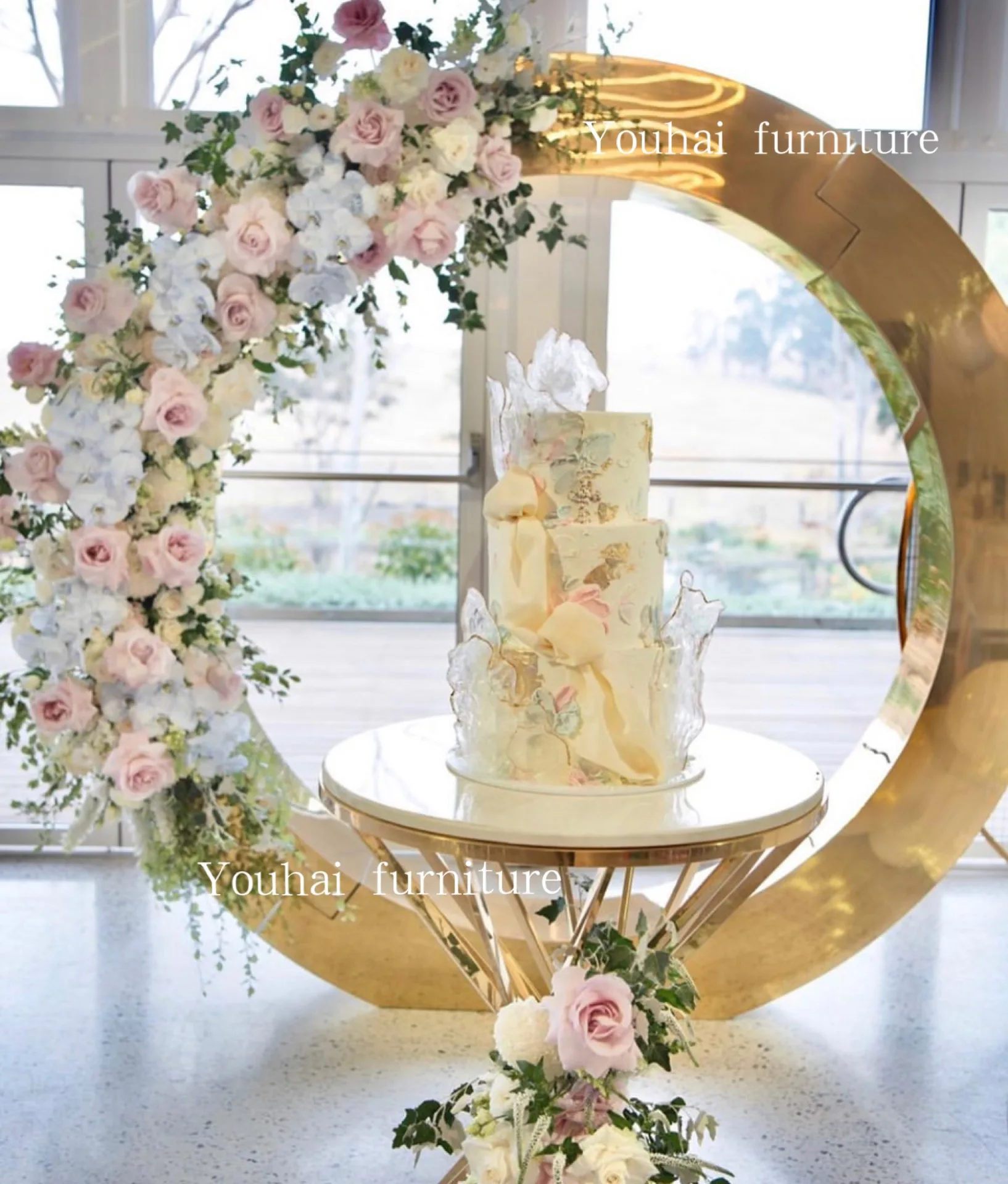 Floral Ring Golden Round Acrylic Arch Structure Circle Backdrop For Event Decor