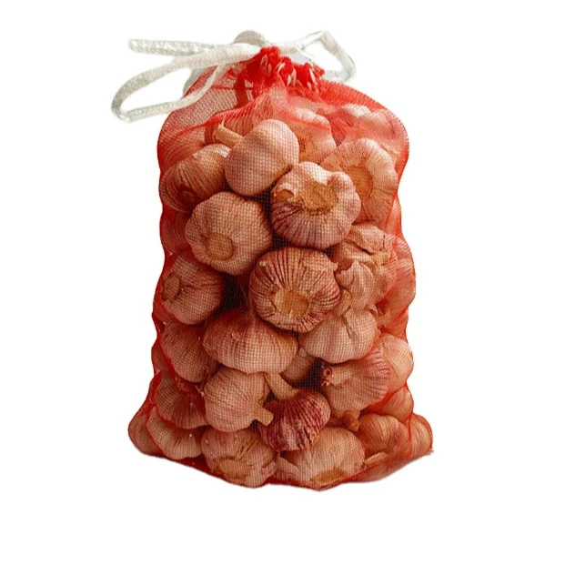 Stocked Reusable red green 10kg 15kg 20kg 25kg garlic mesh netting bag with drawstring for packing fresh garlic sack