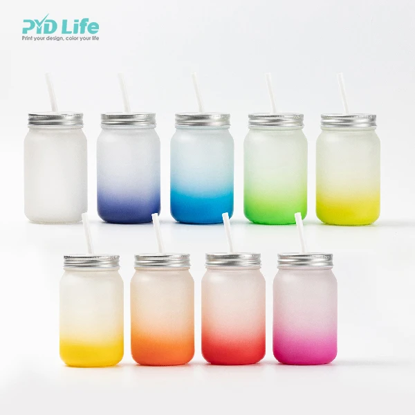 2022 PYD Life Summer 15oz 450 ml Custom Mixed Gradient Colors Sublimation Mason Glass Jar with Lid Straw