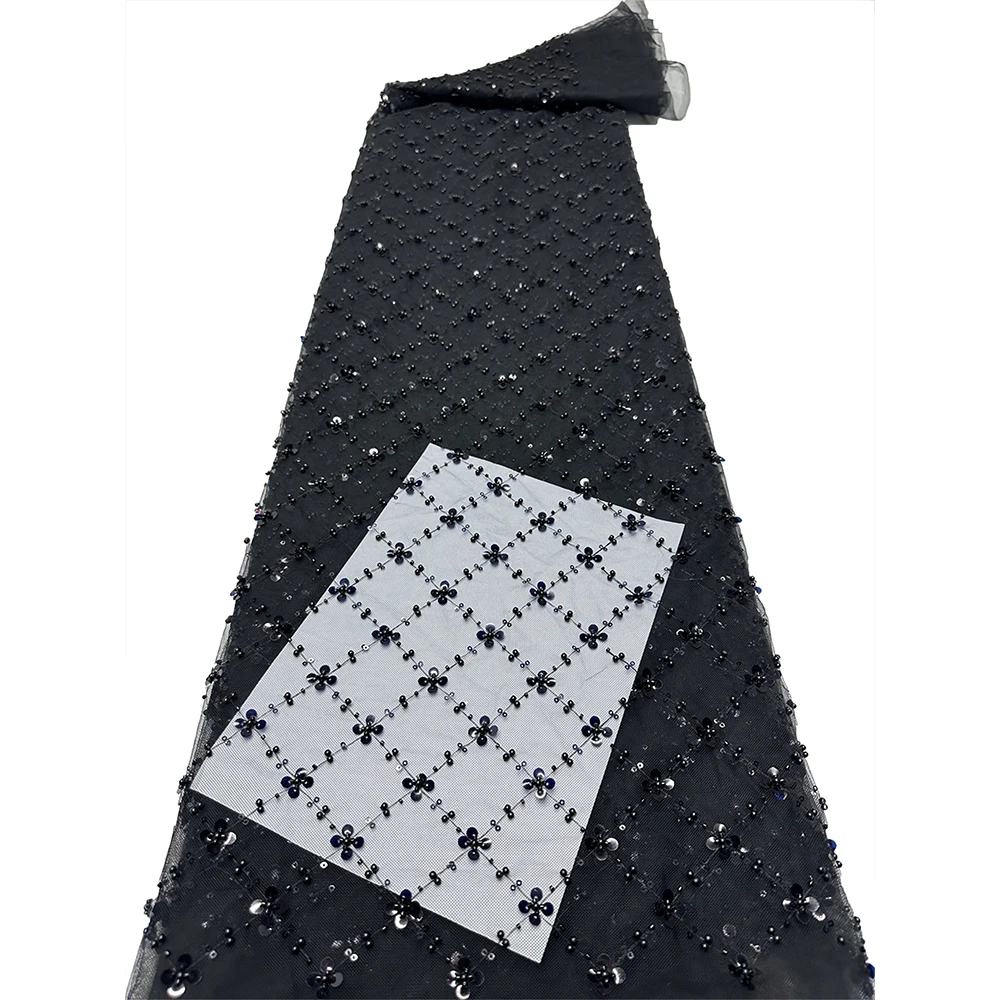 NI.AI New Design Little Flower Mesh Beaded Net Lace Embroidered Sequins Lace Fabric with Pearls for Wedding Dress Materials