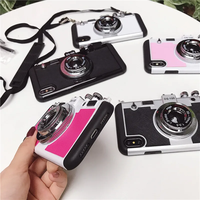 Luxury Designer 3D Retro Camera Lens Crossbody Phone Case For iPhone 13 14 Pro Max PU Leather Plating TPU Cover With Lanyard