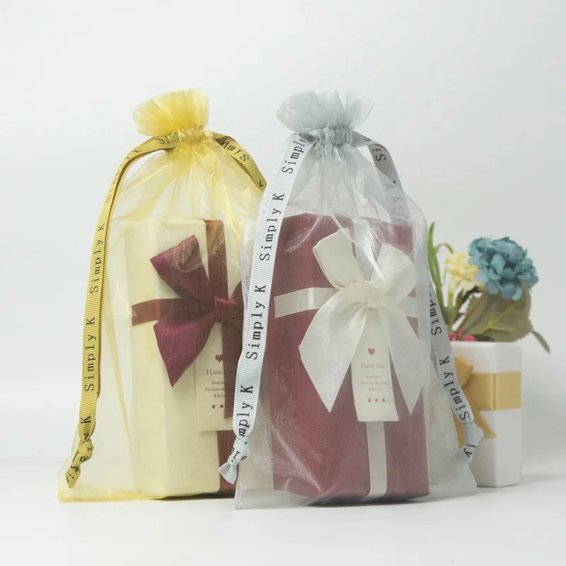 Wholesale Wedding Favor Organza Pouch Logo Promotional Organza Gift Bag White Printed Large Drawstring Custom Organza Bag