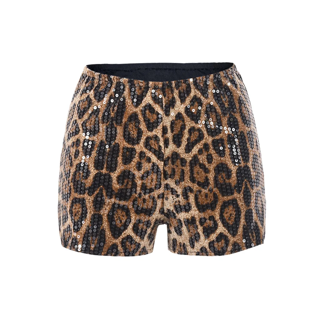 New arrivals wholesale trendy fashion leopard sequined stretchy mini hot sexy shorts