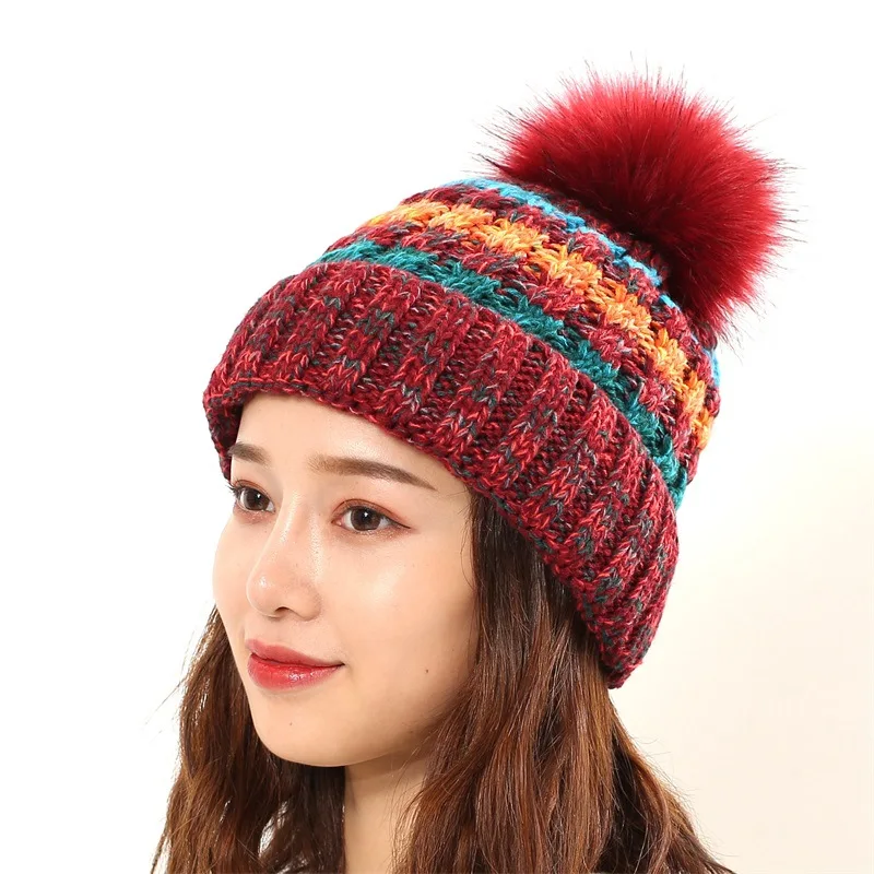 Manufacturer Wholesale High Quality Colorful Knitted Striped Beanie Winter Hats With Faux Fur Pom Pom