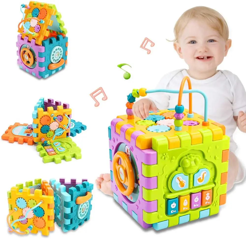 Baby Activity Cube Toddler Toys 6 in 1 Multi-Purpose Learning Cube with Music Polyhedron Shape Sorter Building Blocks Toy