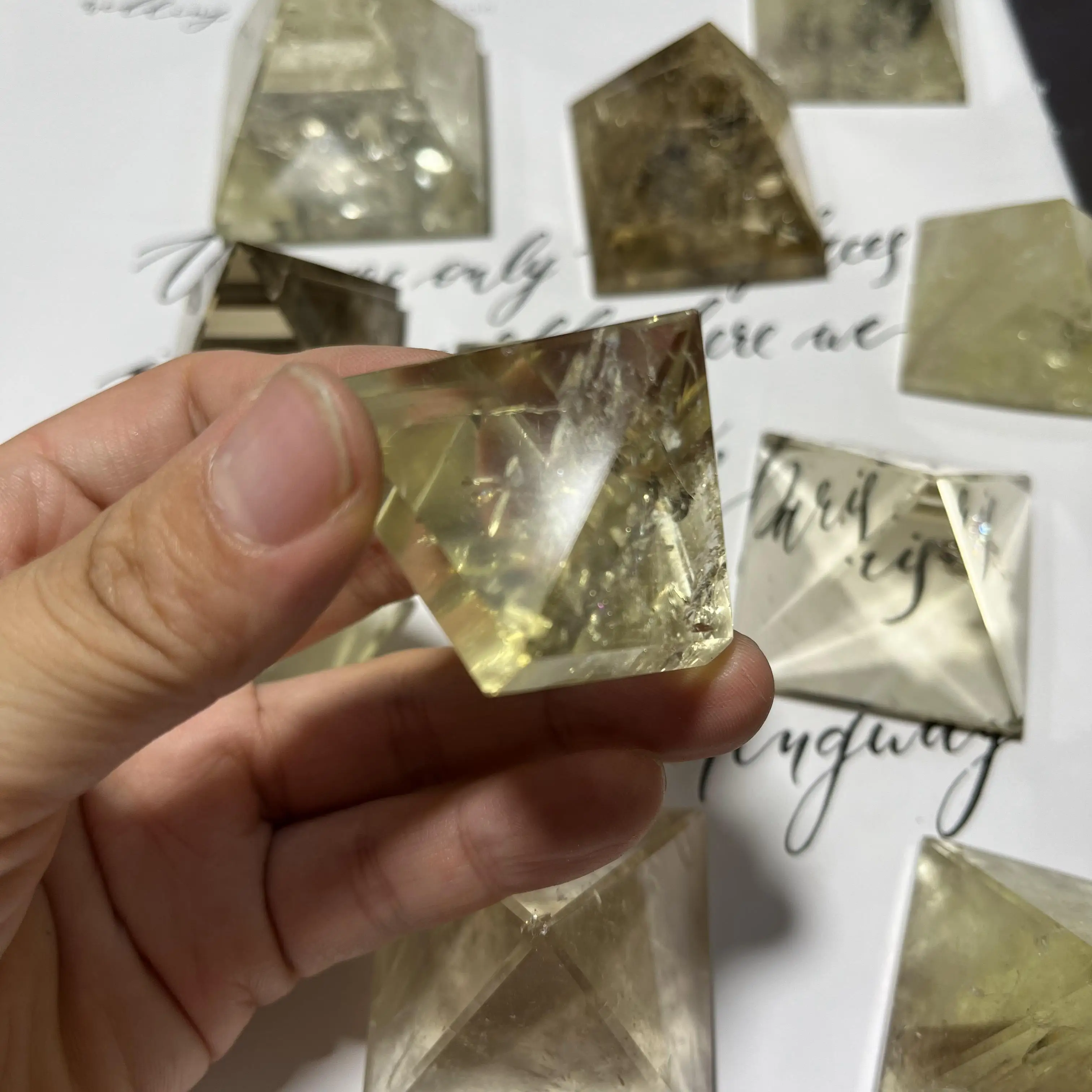 Hand carved natural rainbow citrine pyramid crystal stones yellow quartz healing citrine pyramid crafts stones