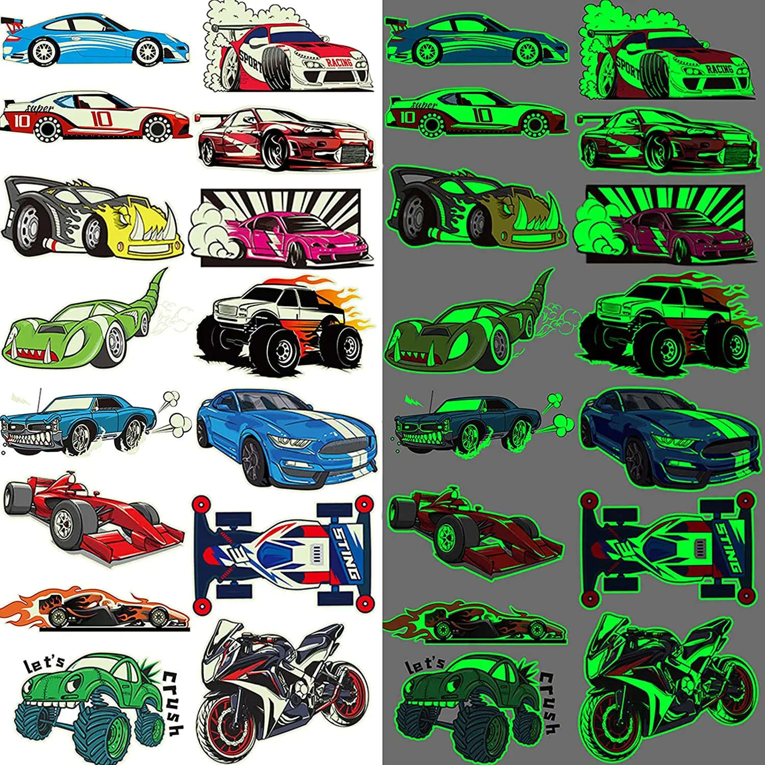 Luminous Race Car Temporary Tattoos for Boys Glow in The Dark RaceCar Tattoos