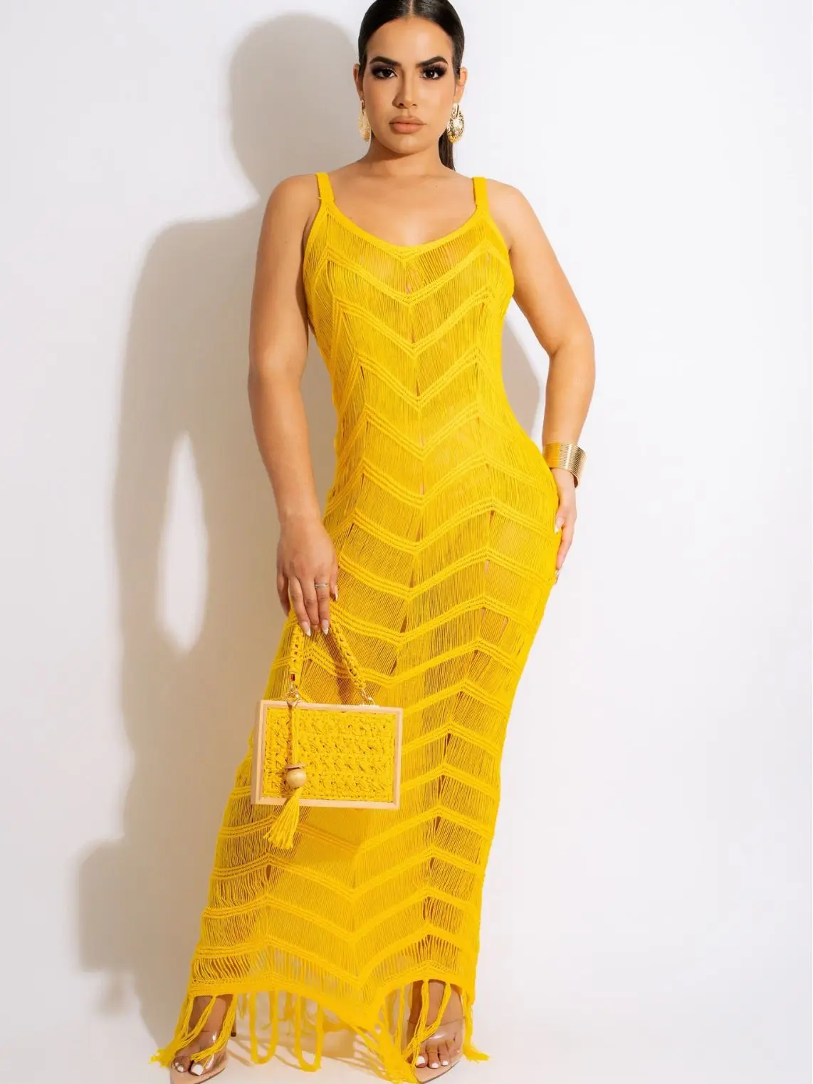 2023 Wholesale Sleeveless Tassel Knitted Women Dresses Hollow Out See Through Candy Color Bodycon Long Dresses Women