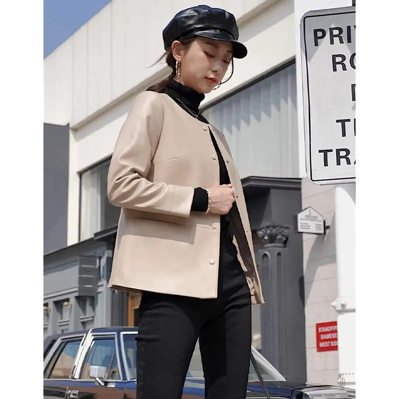 Spring women formal beige jacket coat leather genuine jacket for women beige