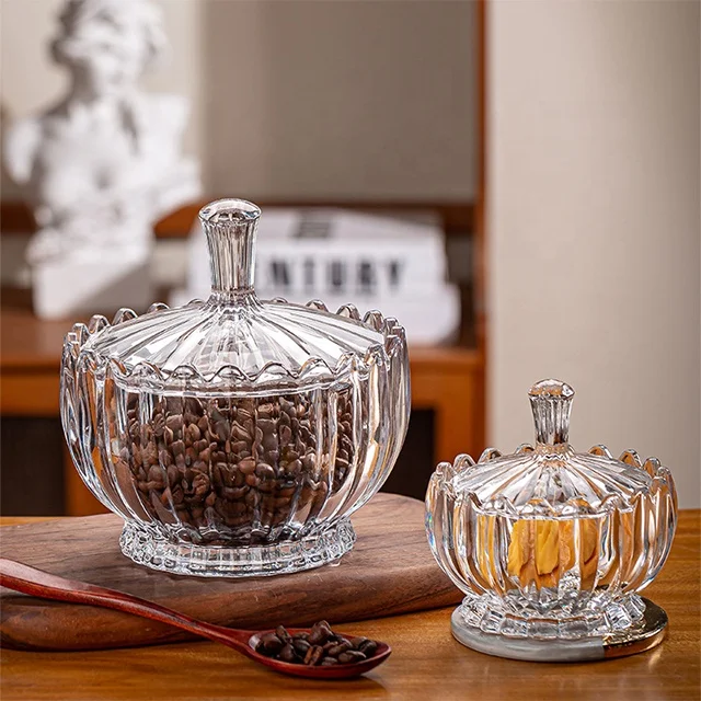 Hot Sale industry china wholesale crystal glass candle jar Transparent stripe circle crystal jar for candy crystal jar with lid