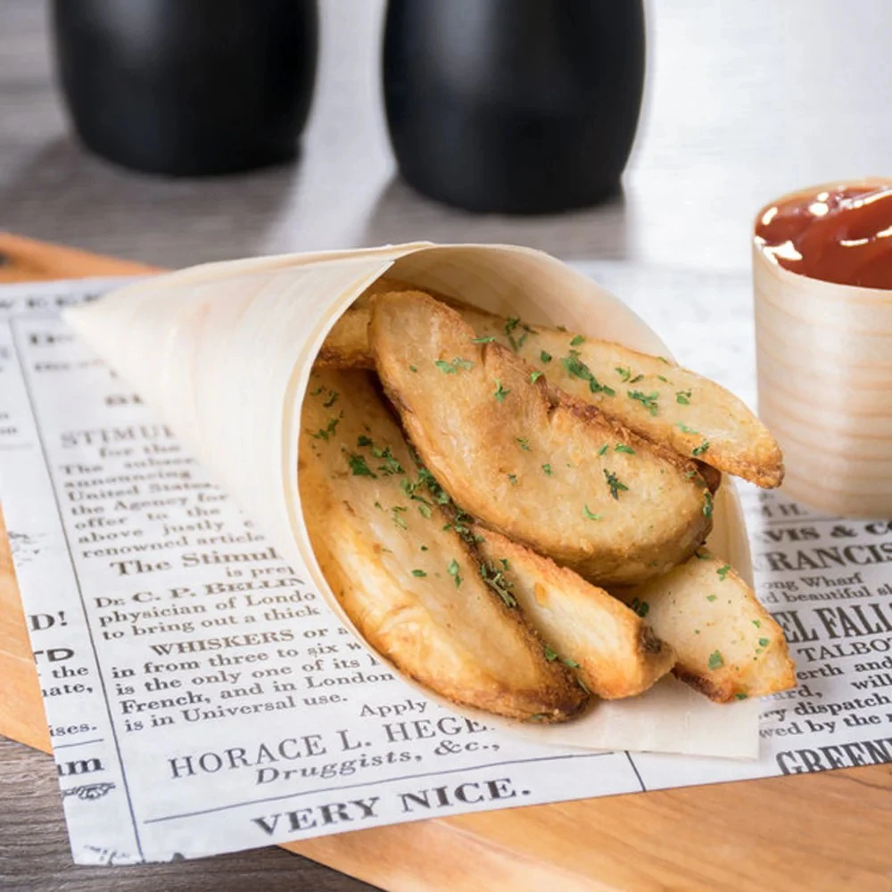 Shende China Supplier Eco-friendly Wood Disposable 7inch 9.5inch Wooden Cone For Food Containers