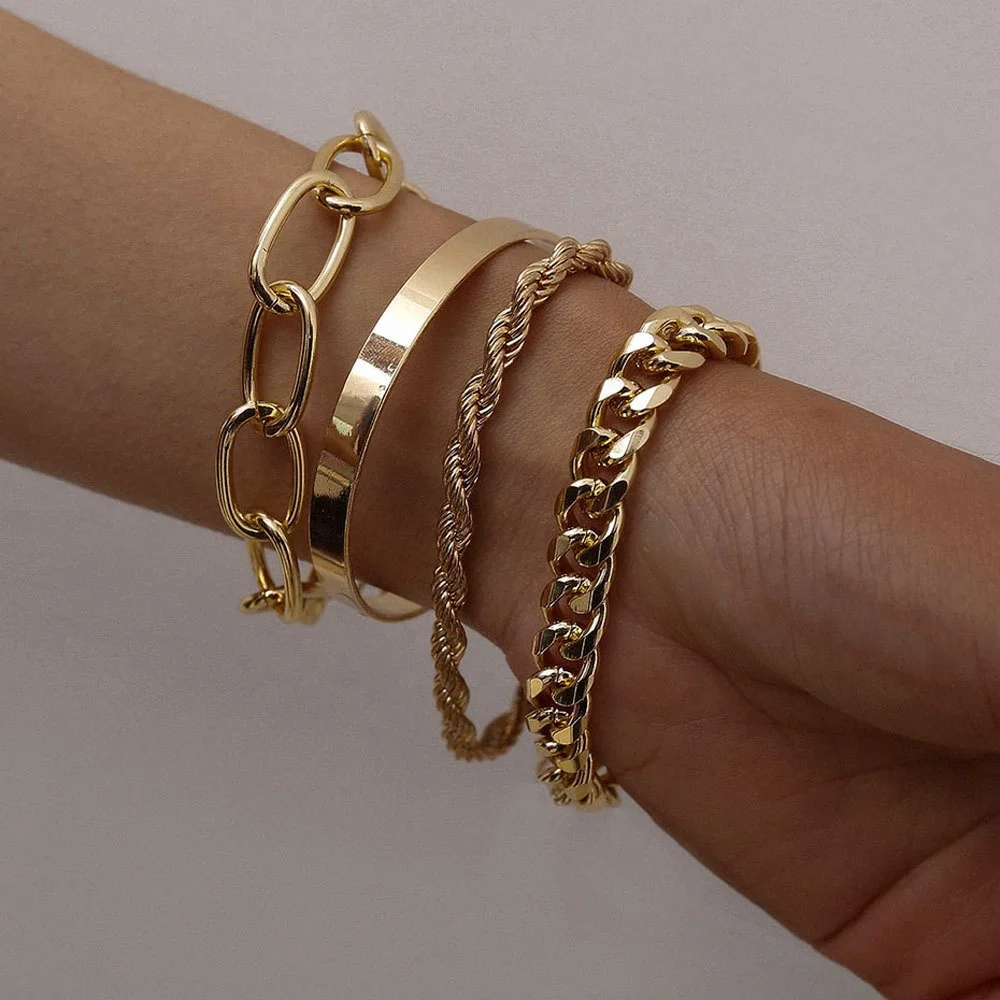 Fashion Stainless Steel Jewelry Mixed with Fried Dough Twists Chain Bracelet Simple Thread Exaggerated Hip Hop Four Piece Set