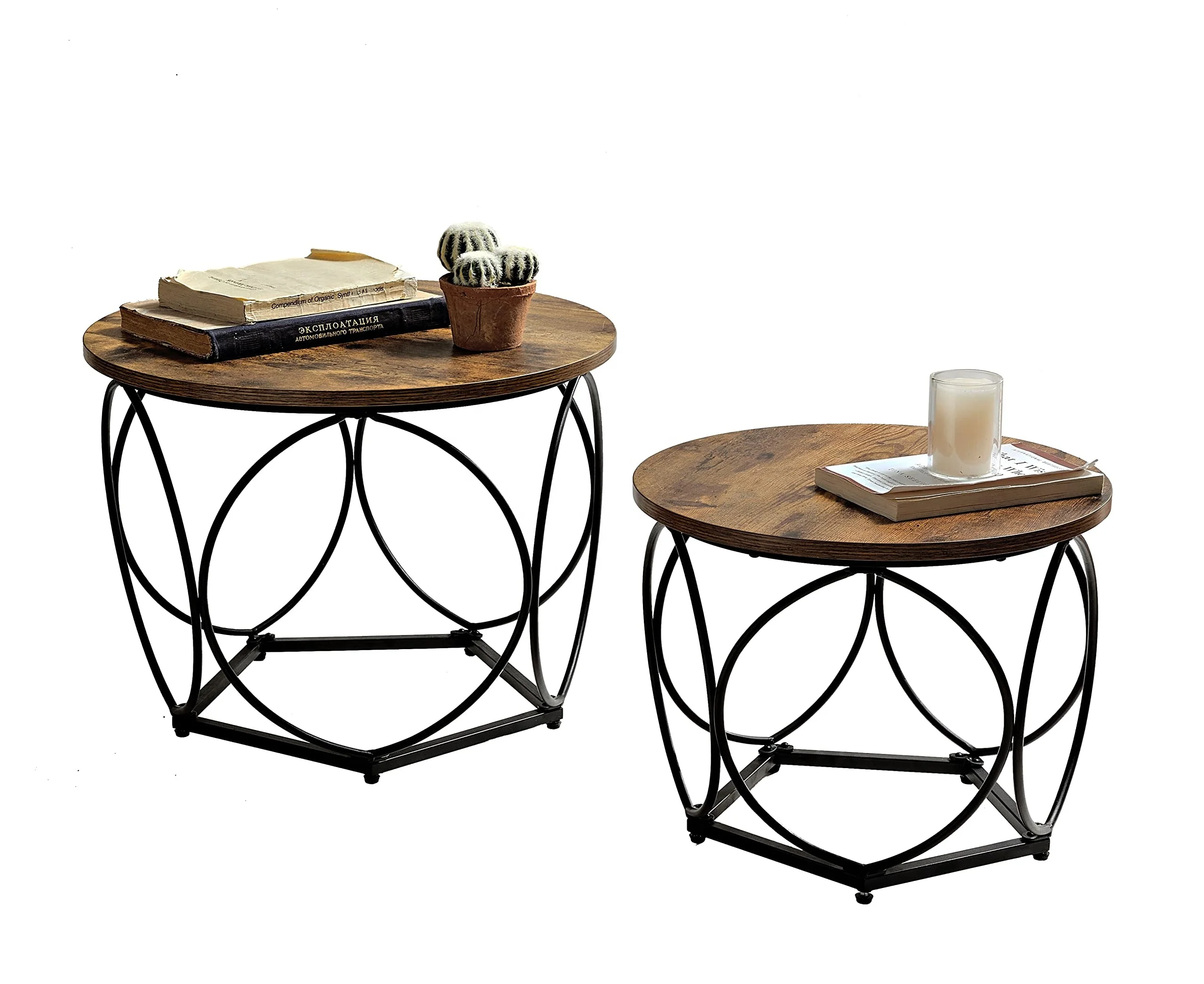 Modern Round Coffee Table Set of 2 Wooden Surface with Metal Frame Small Side and End Table For Living Room