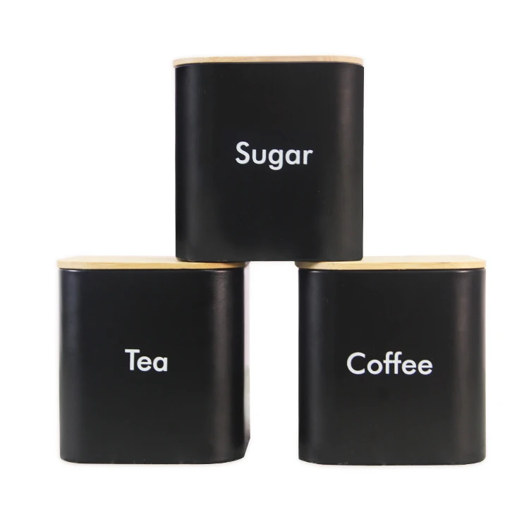 Metal kitchen 3 Pieces Foodsafe Kitchen Jars Tea Coffee Sugar Canister Set With Bamboo Lid