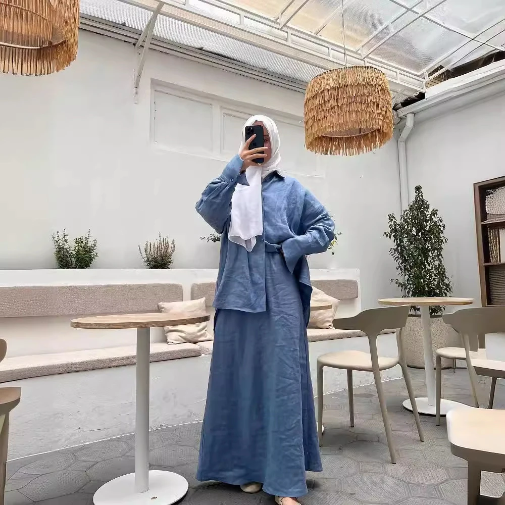 Women Shirts Kimonos Abaya 2 Piece Set Skirt Ladies Casual Wind Wholesale Dubai Turkey Women Muslim Dress Islamic Clothing 2024