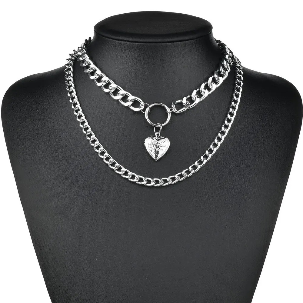 Fashion Gothic personalize Double Layer Lock and love Necklace Hiphop punk link Silver color Padlock Chain Necklace