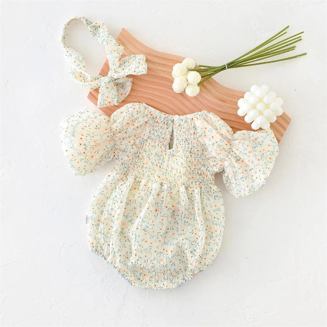 Wholesale Soft Breathable Short Puff Sleeve Infant Baby Bodysuit Kids Girls Clothing Children Overalls