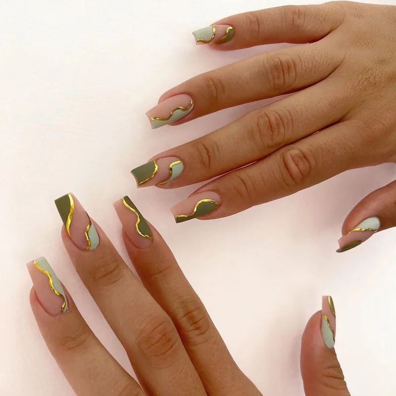 Green Gold Wavy Lines Long Ballerina False Nails with Glue Detachable French Press On False Nail Full Cover Nail Tips Manicure