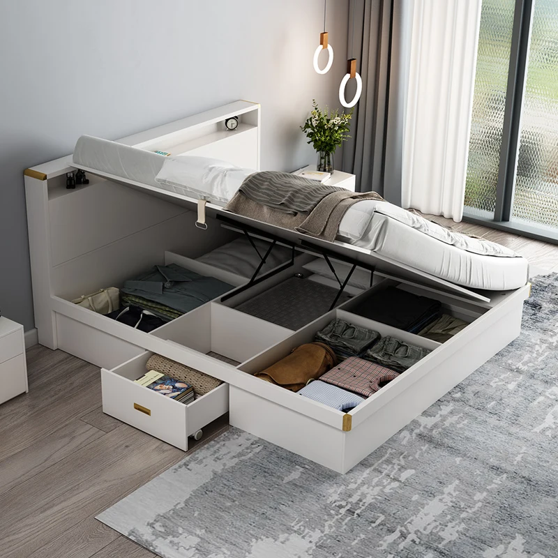 White Wooden With Led Light Bed Frame King Size Bed Storage With Drawers Underneath