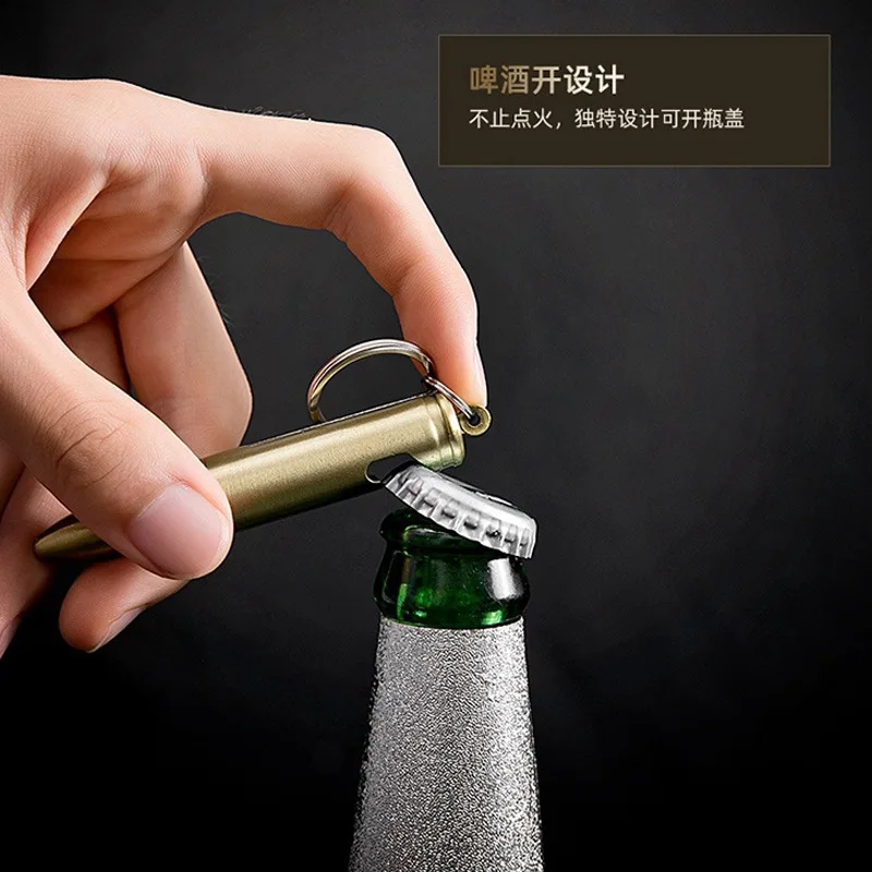 Creative bottle opener bullet key ring match lighter multi-function burning matches brass keychain with lighter can opener