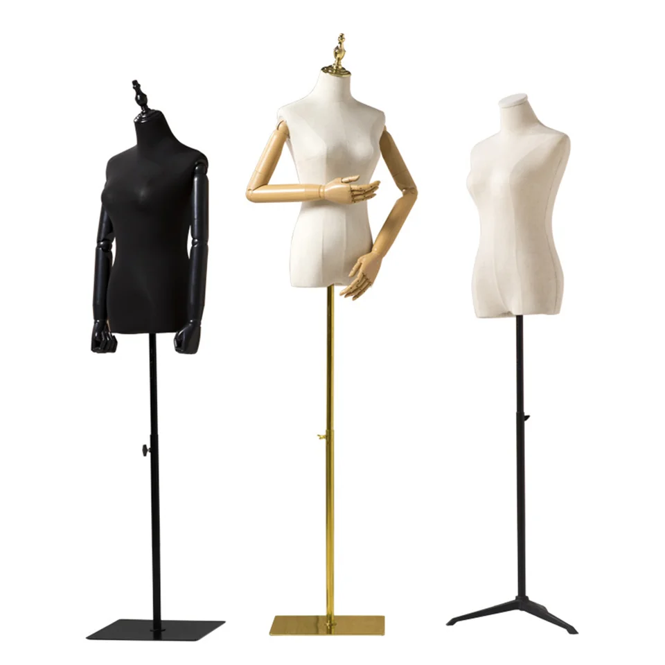 RTS White Cotton Clothing Display Models in Store Window Dress Form Women Black Mannequin for Draping with Base Wooden Arms
