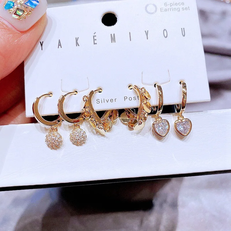 Trendy Earrings Jewelry Heart Shape Zircon Pendant Hugging Earrings INS Fashion Gold Tassel Earrings Sets For Multiple Piercings