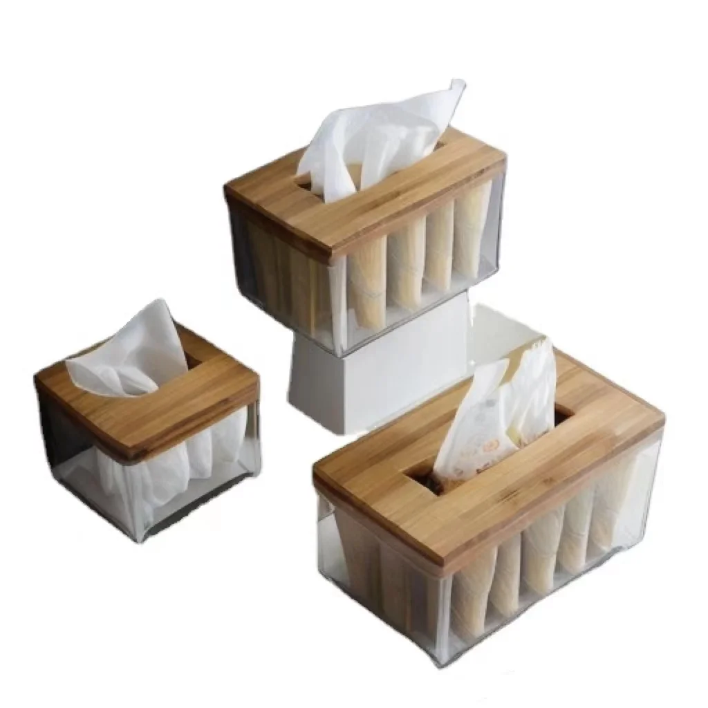 Hight Quality Transparent Tissue Holder With Bamboo Wood Lid Napkin Organizer Container Tissue Box