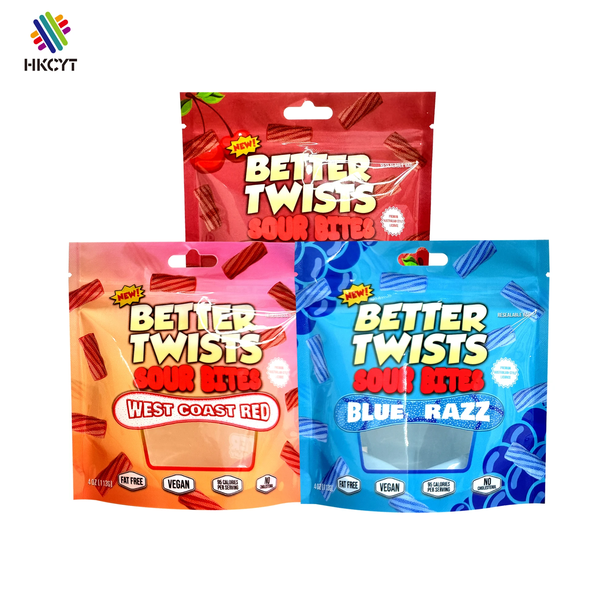 Custom brand plastic mylar bag smell proof resealable gummy sugar candy packaging bags stand up pouch with hang hole window