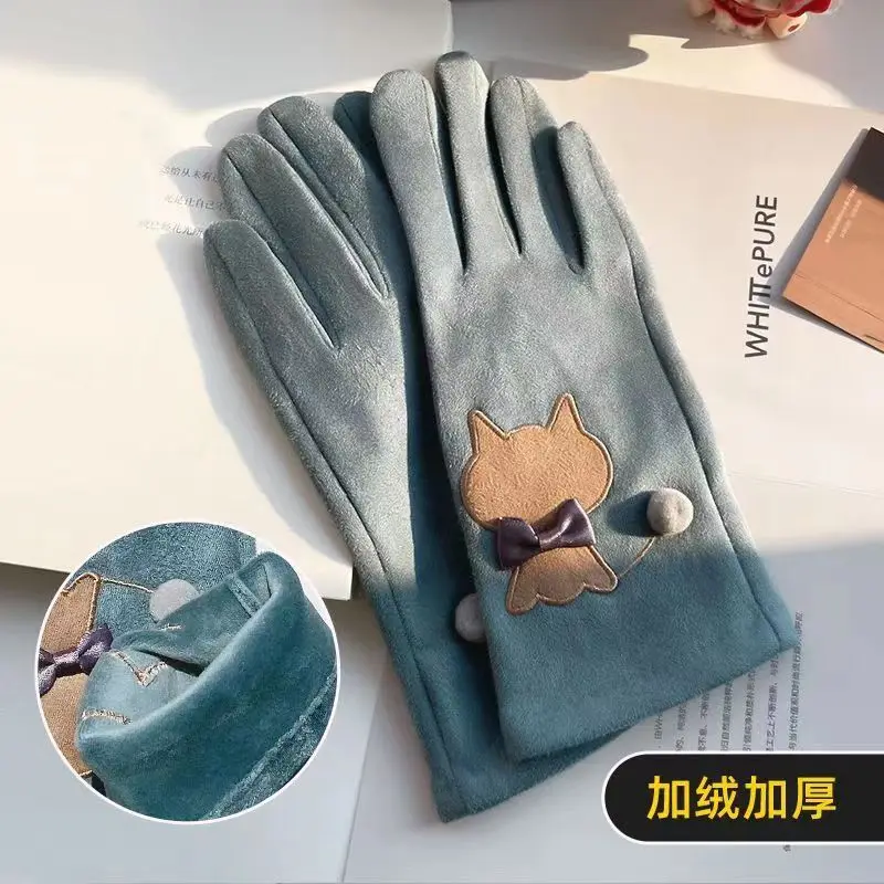 Fall Winter Ladies Faux Suede Glove with Cat Applique Embroidery and Bow Trim