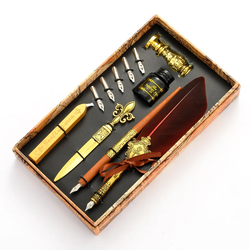 New Product Arrival Calligraphy Pen Vintage Feather Fountain Pen Gift Set with Seal Wax Stamp
