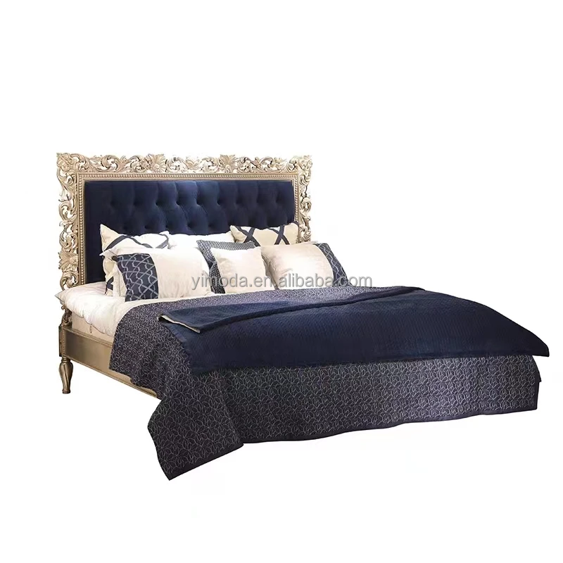 Antique Classic Italian Style Bedroom Furniture Sets Wooden Carved Bed Frame Wood Design king size gold leaf bed