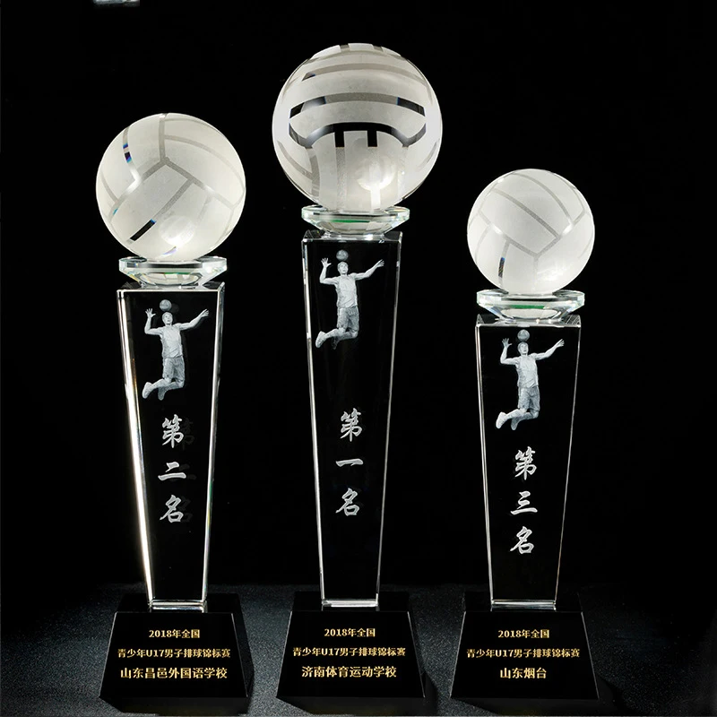 Custom made champion 3d male figures Award cup sport trophy blank sublimation glass crystal volleyball trophy for souvenir gift