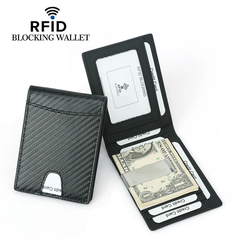 Wholesale Minimalist slim rfid blocking card wallet front pocket Carbon fiber genuine leather wallet for man