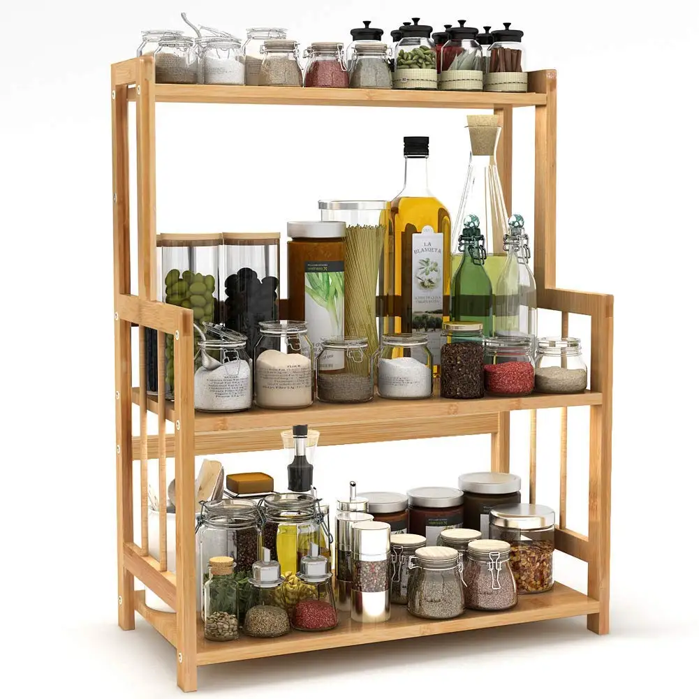 Kitchen Countertop Organizer Shelf - 3 Tier Bathroom Storage Display Counter Shelves Bamboo Spice Rack Desk Bookshelf with Hooks