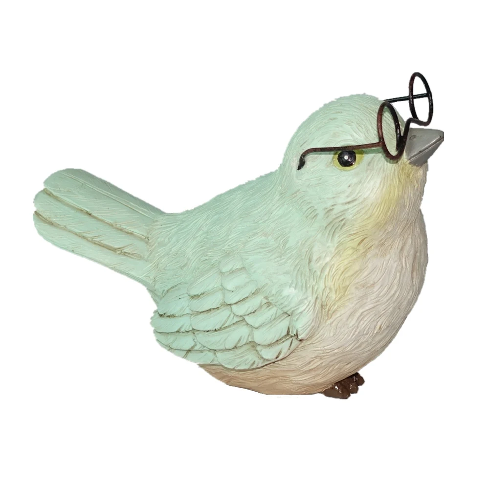 Cute House Sparrow Bird Statue Handmade Resin Bird Figurine with Metal Glasses Tabletop Decoration