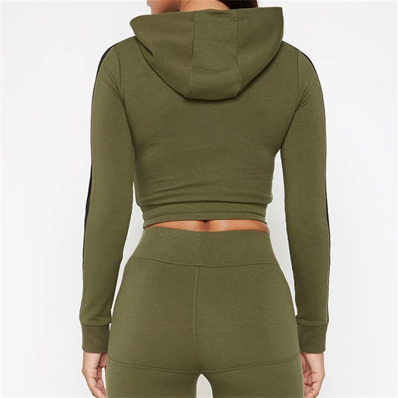 Wholesale Fitness Mesh Insert Sexy Womens Green Crop Hoodie Tracksuit crop top designer clothes sweatsuit custom