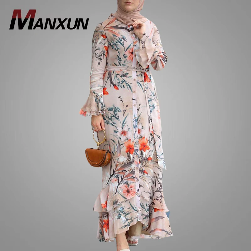 Latest Fashionable Islamic Women Clothing Modest Colorful Flower Printed Muslim Abaya High Quality Abaya India&Pakistan Clothing