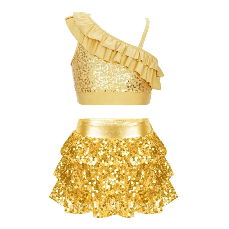 6-14 Contemporary Kids Latin Performance Wear Dance Outfit Sequins Ruffle Skirted Shorts Girls Stage Dance Wear