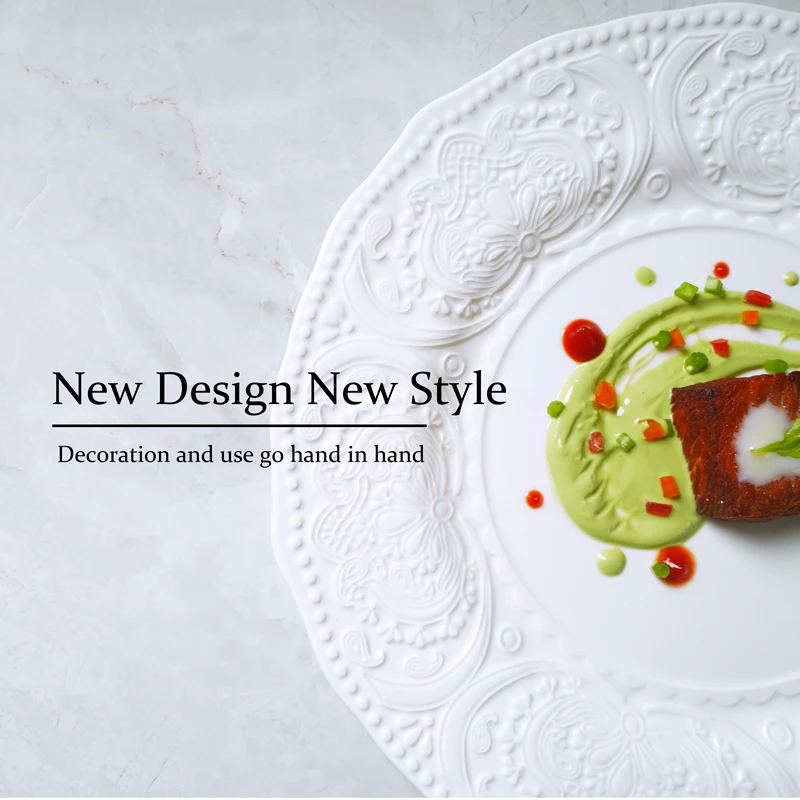 Hot Selling Baroque White Plate Ceramic Embossed Design Porcelain Tableware
