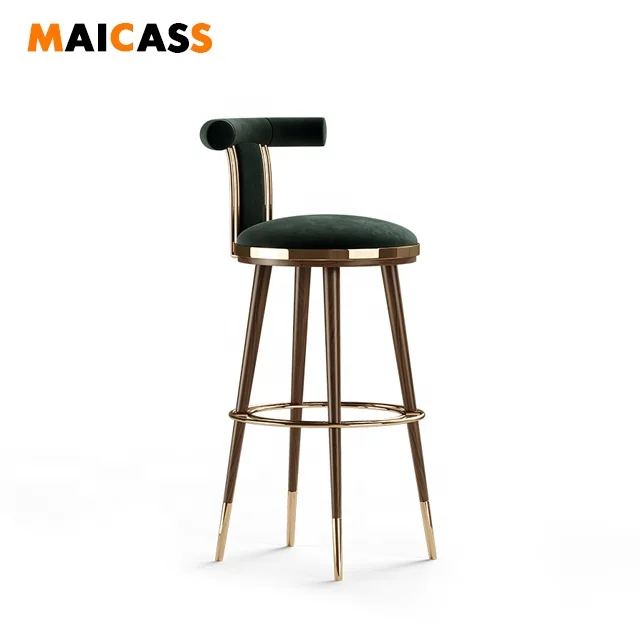 
Modern Solid Wood Legs Dark Green Velvet Metal Frame Barstool 