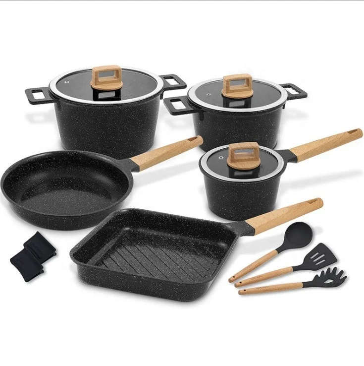 13pcs Die Cast Aluminum Maifan Stone Dining Utensil Cookware Set With Silicone Kitchen Tools