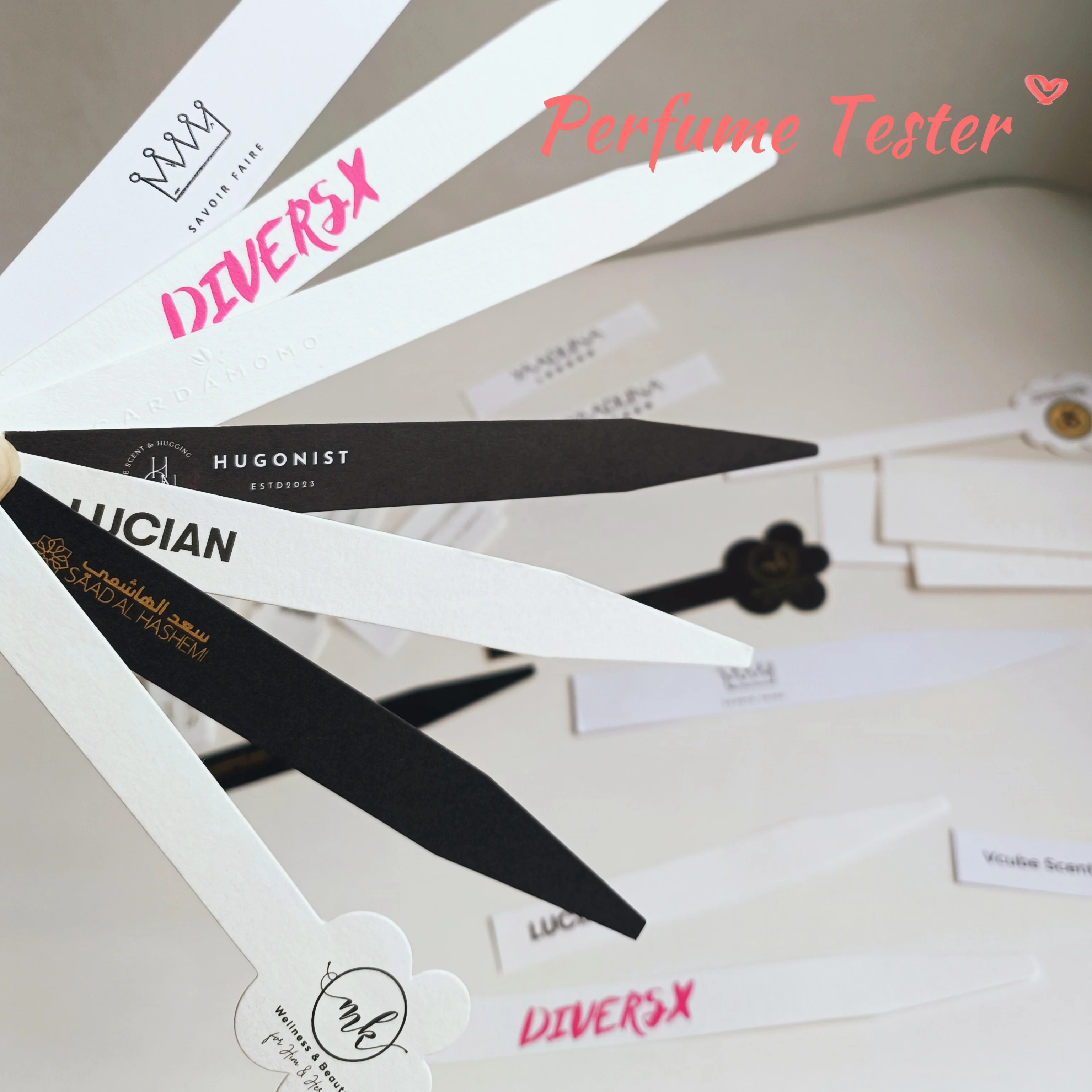 custom logo perfume test strip cotton white paper black printing fragrance blotter tester card