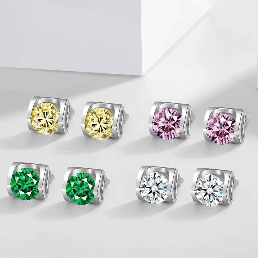 Light luxury heart Hollow White pink Yellow green diamond colorful 90 minutes sterling silver earrings S925