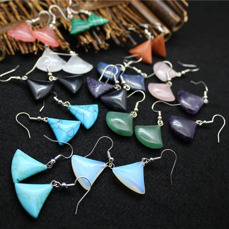 Wholesale Ethnic Wind Crystal Gemstone Earrings Amethyst Fan-shaped Earrings Healing Stone Ear Hook for Gift